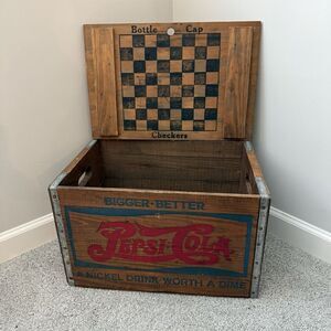 Vintage Pepsi-Cola Crate Wooden Advertising Box Wood Lid Nickel Bottle Checkers